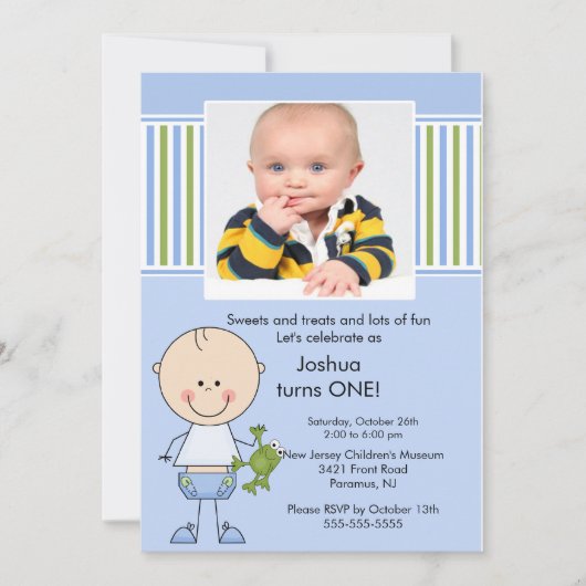 スティックフィギュアボーイ1stフォト誕生日招待状 招待状 (正面)