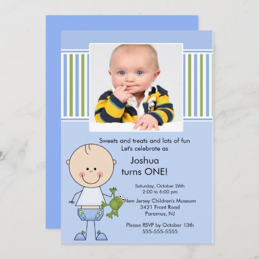 スティックフィギュアボーイ1stフォト誕生日招待状 招待状 (正面/裏面)