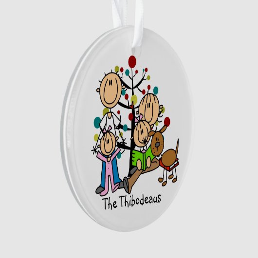 スティックフィギュア両親、2女の子、犬のオーナメント オーナメント (正面)