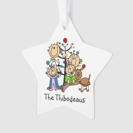 スティックフィギュア両親、2女の子、犬のオーナメント オーナメント (正面)