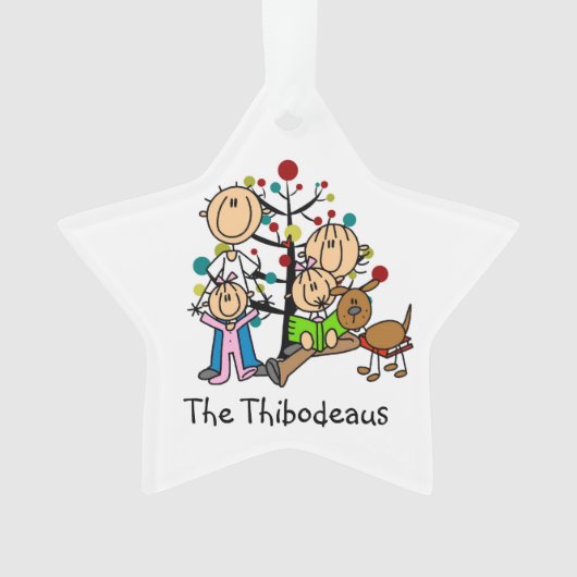 スティックフィギュア両親、2女の子、犬のオーナメント オーナメント (正面)