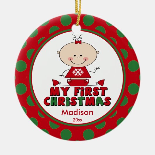 スティックフィギュア女の子ベビー初めてのクリスマスオーナメント セラミックオーナメント (正面)