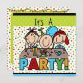 スティックフィギュア子供の誕生日パーティの招待状 招待状 (正面/裏面)