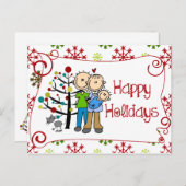 スティックフィギュア家族ハッピーホリデーハガキ シーズンポストカード (正面/裏面)
