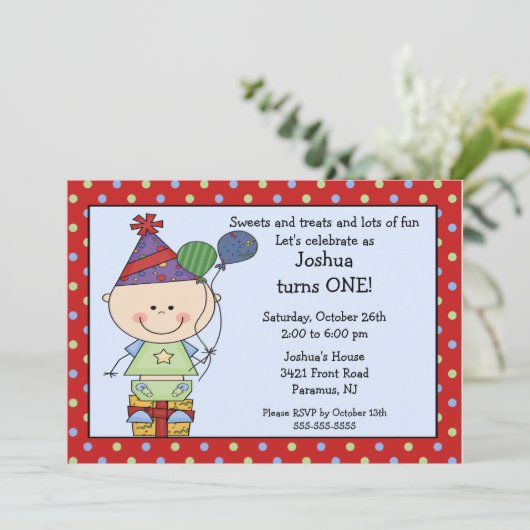 スティックフィギュア男の赤ちゃん1日目の誕生日招待状 招待状 (スタンド正面)