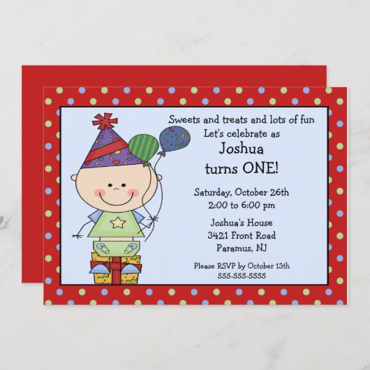 スティックフィギュア男の赤ちゃん1日目の誕生日招待状 招待状 (正面/裏面)