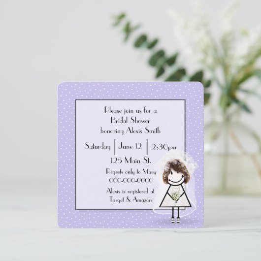 スティックフィギュア花嫁の紫の水玉模様 招待状 (スタンド正面)