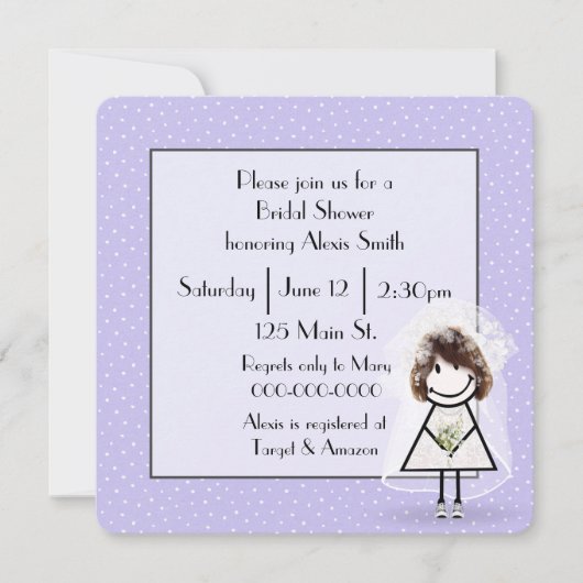 スティックフィギュア花嫁の紫の水玉模様 招待状 (正面)