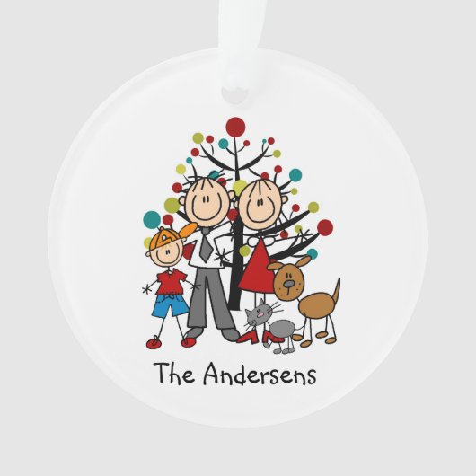 スティックフィギュア親、ボーイドッグキャットアクリルオーナメント オーナメント (正面)