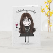 スティックフィギュア誕生日ガールと赤ワイン カード (黄色い花)
