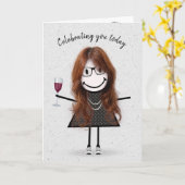 スティックフィギュア誕生日ガールと赤ワイン カード (黄色い花)