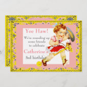 スティックホースに乗る小さなカウガール（西部パーティー) 招待状 (正面/裏面)