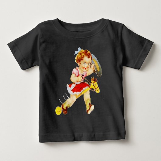 スティックホースに乗る西部カウガール ベビーTシャツ (正面)