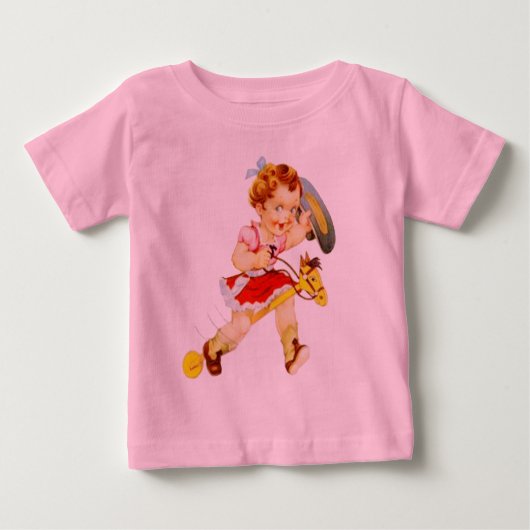 スティックホースに乗る西部カウガール ベビーTシャツ (正面)