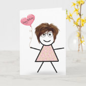 スティック女の子と誕生日ハートバルーン カード (黄色い花)