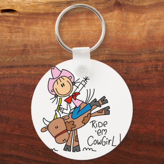 スティック女性のカーボーイライディングブルTシャツとギフト キーホルダー (正面)