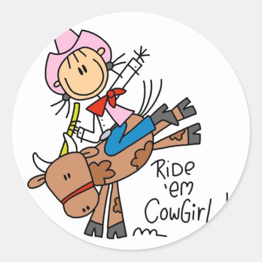 スティック女性のカーボーイライディングブルTシャツとギフト ラウンドシール (正面)
