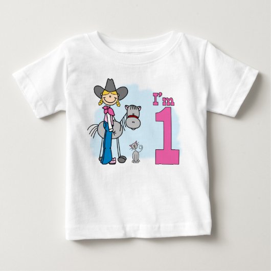 スティック女性のカーボーイ第1誕生日 ベビーTシャツ (正面)