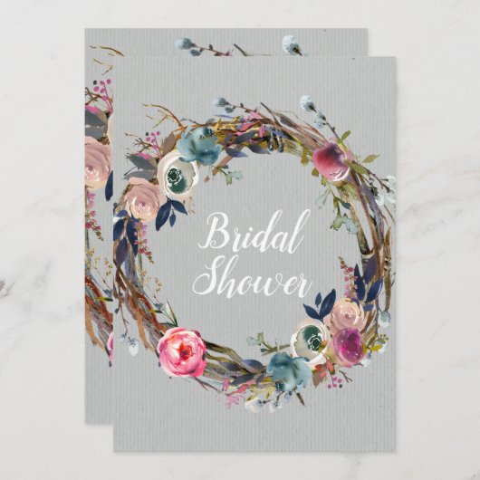 スティック素朴フローラリースモダンブライダルシャワー 招待状 (正面/裏面)