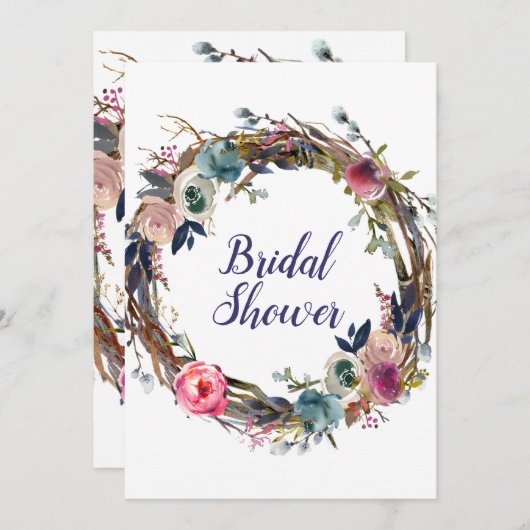 スティック素朴フローラリースモダンブライダルシャワー 招待状 (正面/裏面)