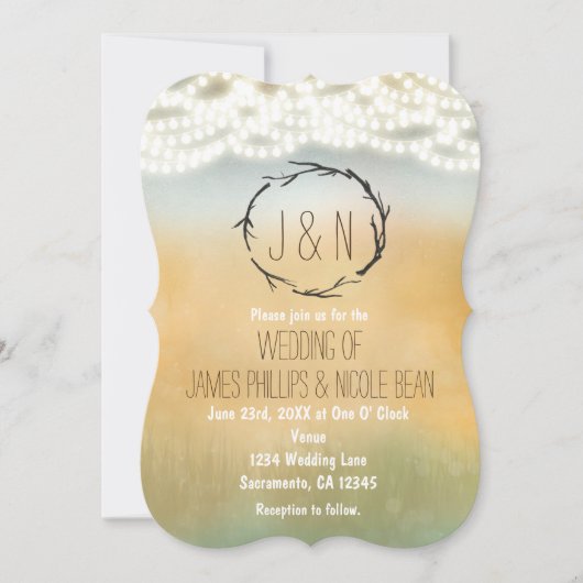 スティック素朴リースとライト結婚式招待状 招待状 (正面)