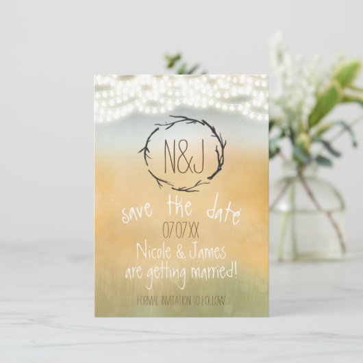 スティック素朴リース&ストリングライト日付を保存 招待状 (スタンド正面)