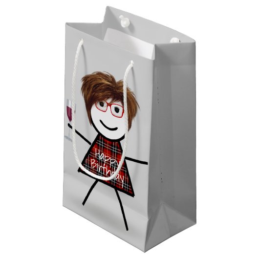 スティック誕生日ガールとワイングラス スモールペーパーバッグ (正面アングル)