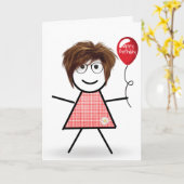 スティック誕生日ガールと赤いバルーン カード (黄色い花)
