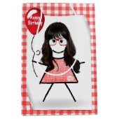 スティック誕生日ギンガムガールと赤いバルーン ミディアムペーパーバッグ (正面)