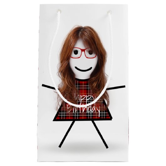 スティック誕生日女の子と格子柄のドレス スモールペーパーバッグ (正面)