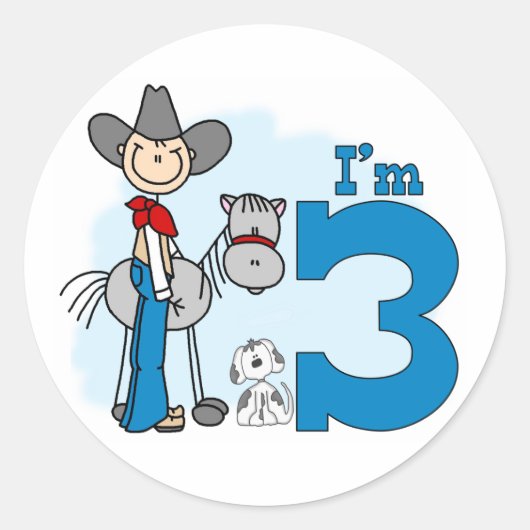 スティック・カウボーイ3歳の誕生日 ラウンドシール (正面)