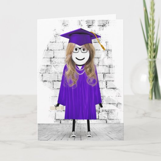 スティック・ガール卒業、髪と卒業証書 カード (正面)