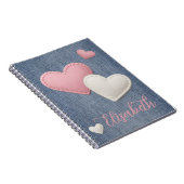 スティッチドピンク&ホワイトハートあなたの名前デニム ノートブック (右側)