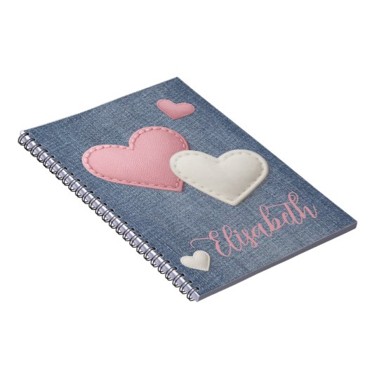 スティッチドピンク&ホワイトハートあなたの名前デニム ノートブック (右側)