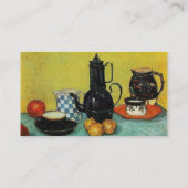 スティルライフブルーエナメルコーヒーポット、陶器と 名刺 (裏面)