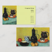 スティルライフブルーエナメルコーヒーポット、陶器と 名刺 (正面/裏面)