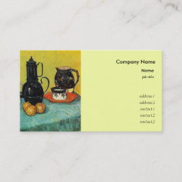 スティルライフブルーエナメルコーヒーポット、陶器と 名刺