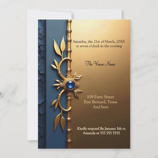 スティーエレガントルブルー金ゴールド華美誕生日パーティー 招待状 (裏面)