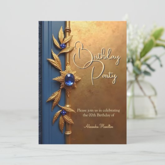 スティーエレガントル王室のブルー金ゴールド華美誕生日 招待状 (スタンド正面)