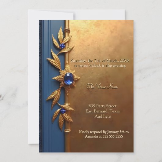 スティーエレガントル王室のブルー金ゴールド華美誕生日 招待状 (裏面)