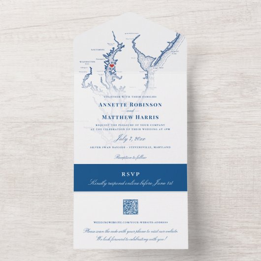 スティーブンズビルMDチェサピークの地図ネイビー結婚ブルー オールインワン招待状 (内側)