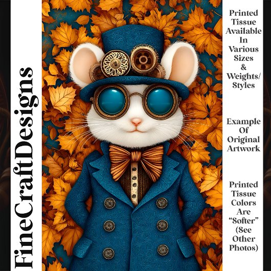 スティームパンクかわいい白いマウスT3デコパージュ 薄葉紙