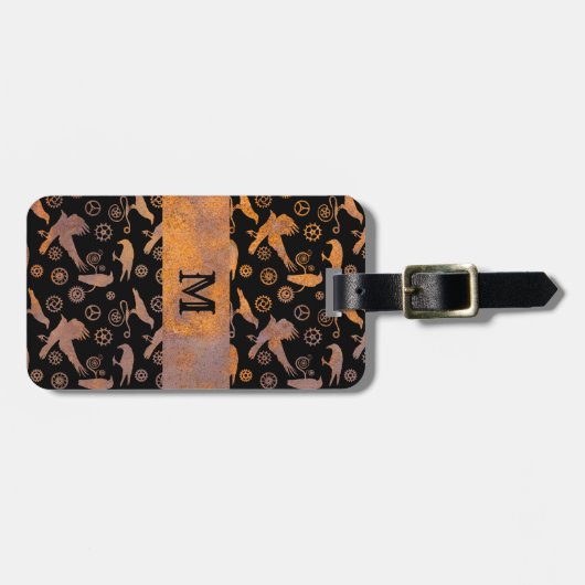 スティームパンクさびたスチールギアとクロウズモノグラム ラゲッジタグ (正面横)