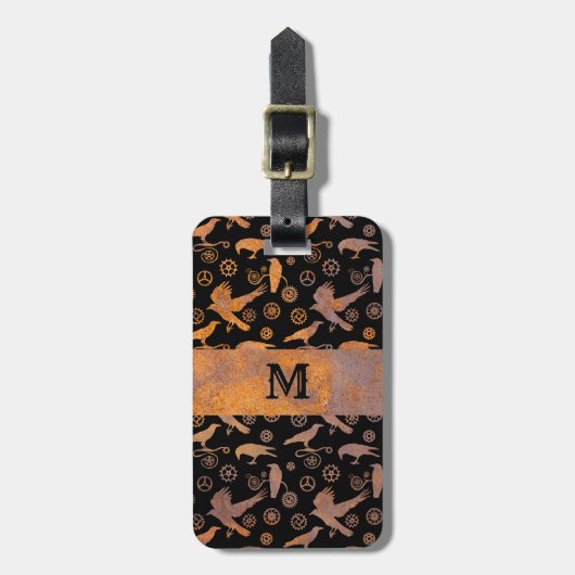 スティームパンクさびたスチールギアとクロウズモノグラム ラゲッジタグ (正面縦)