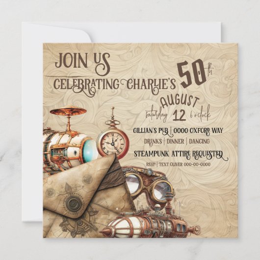 スティームパンクウィズビープマップゴーグルお祝い 招待状 (正面)