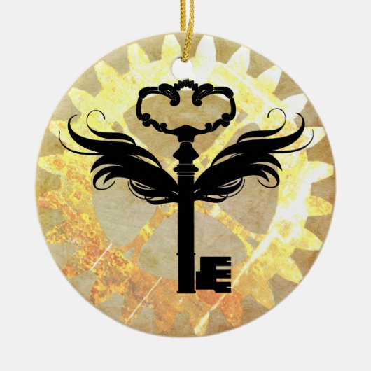 スティームパンクウィング鍵とコグホイール セラミックオーナメント (正面)