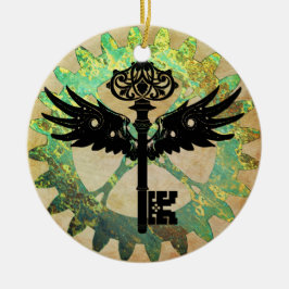 スティームパンクウィング鍵とコグホイール セラミックオーナメント