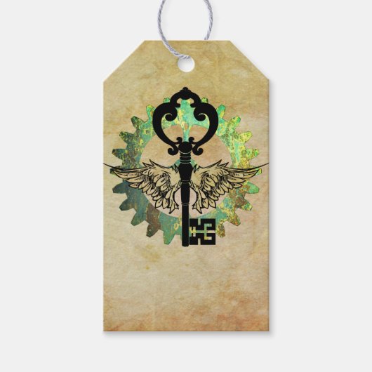 スティームパンクウィング鍵&コグホイールデザイン ギフトタグ (正面)