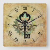 スティームパンクウィング鍵&コグホイール スクエア壁時計 (正面)