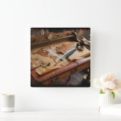 スティームパンクオルデワールドドマップと机 スクエア壁時計 (ホーム)